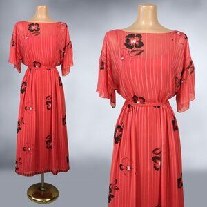 VINTAGE 80s Designer Olga Levantin Red and Black French Silk Chiffon Dress 6